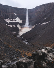 Hengifoss waterfall during rainfall