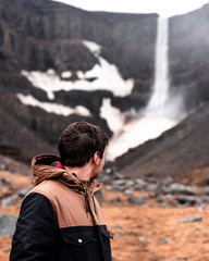 Hengifoss waterfall during rainfall