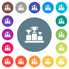 Winner podium with trophy cups flat white icons on round color backgrounds