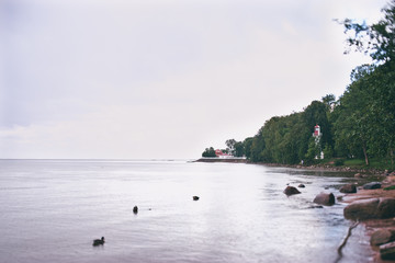 Lighthouse in a forest near the shore of a calm harbor. Petersburg, Russia.