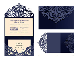 Wedding invitation or greeting card with gold floral ornament. Wedding invitation envelope for laser cutting. Vector illustration. - 314258292