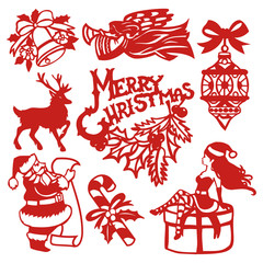 Vintage Festive Christmas Paper Cut Design Elements Set