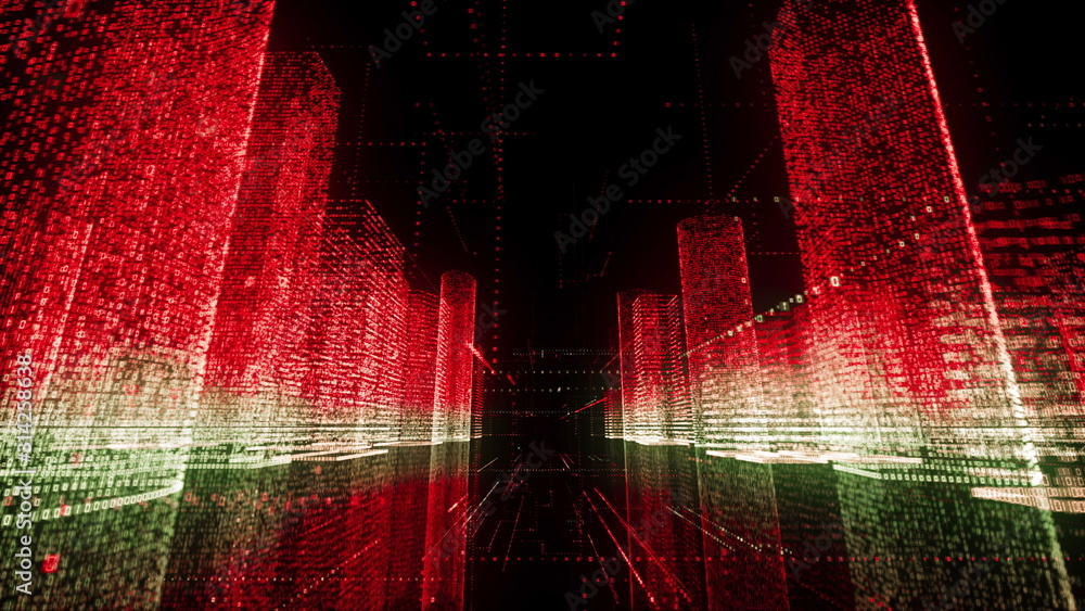 Poster camera movement in cyberspace through the digital city consists of red and white colored symbols and
