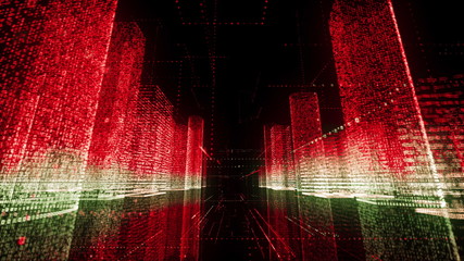 Camera movement in cyberspace through the digital city consists of red and white colored symbols and grids. Digital technology and futuristic business concept background. 3D rendering 4k video.