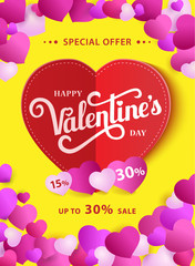 Design Poster with lettering Happy Valentine s Day. Up to 30 sale. Paper heart on a yellow background with small pink hearts. Vector illustration.