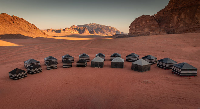 Beduin tourist campsite in Wadi Rum desert, Jordan at sunrise