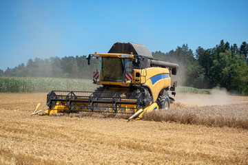 Mähdrescher erntet ein kleines Getreidefeld im Sommer