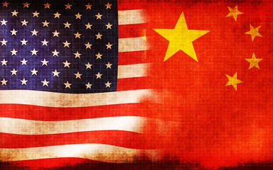 Waving grunge national flags / USA and China ( Conflict, hostility ). web banner background illustration