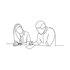 continuous line drawing of business man and business woman discussion at the table vector illustration