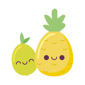 kawaii pineapple and lemon fruit cartoon vector design