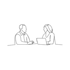 continuous line drawing of business man and business woman discussion at the table vector illustration