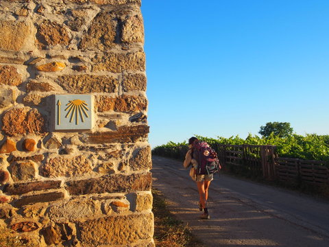 Pilgrim with yellow scallop shell mark, Camino de Santiago, Way of St. James, Journey from Ponferrada to Villafranca del Bierzo, French way, Spain