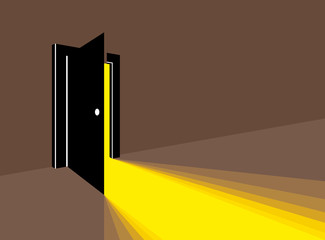 Half open secret door new opportunities concept vector illustration, fear of the unknown, step inside the light from the dark, what is behind, what is there.