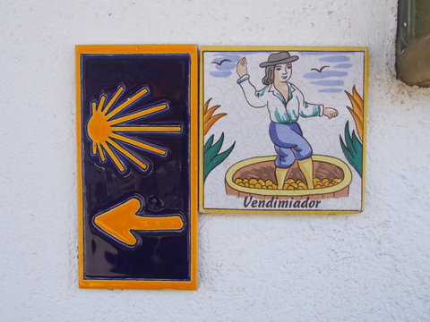 Yellow scallop shell mark with arrow sign and grape picking picture, Camino de Santiago, Way of St. James, Journey from Ponferrada to Villafranca del Bierzo, French way, Spain