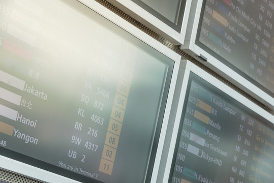 Multiple Flight Information Boards At Changi International Airport Close-up