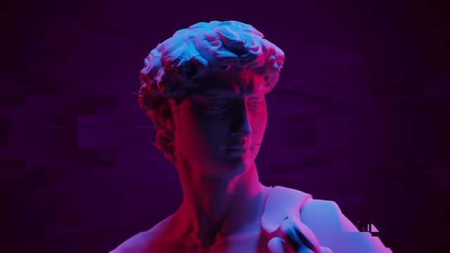Digital Pixel Noise Glitch Art Effect On A Sculpture With Neon Lights. Retro Futuristic Dynamic Wave Style. Picture Damaged With Tv Noise. Seamless loop
