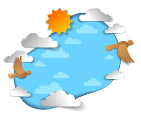 Birds flying in the sky among beautiful clouds and sun, summer cloudscape, vector illustration in paper cut kids style.