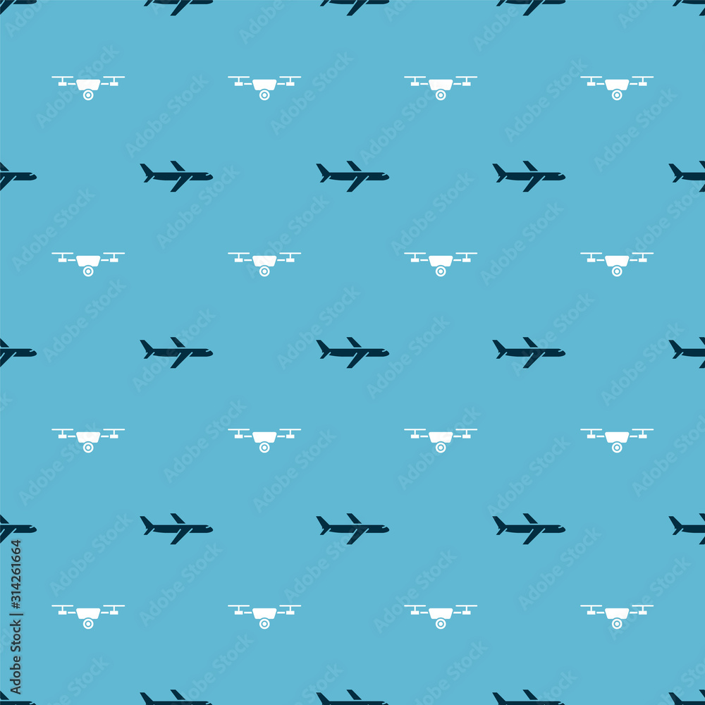 Poster set plane and drone flying with action video camera on seamless pattern. vector