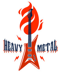 Heavy Metal emblem with electric guitar vector logo, concert festival or night club label, music theme illustration, guitar shop or t-shirt print, rock band sign with stylish typography.