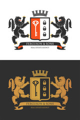 Coat of the arms. Two lions hold a shield. Color and two-tone versions. Vintage design heraldic symbols and elements