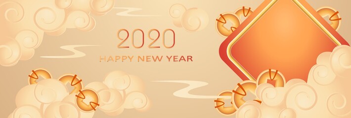 Stock illustration lunar 2020 year greeting card, on pastel background. Happy Chinese New Year banner design with coins of good luck, prosperity and wealth, vector template for text among the clouds.