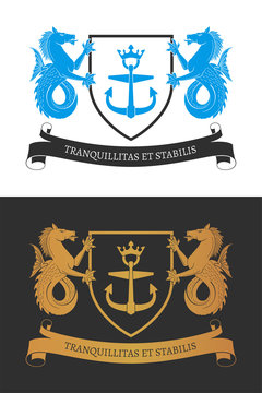 Coat of the arms. Two sea horses hold a shield. Color and two-tone versions. Vintage design heraldic symbols and elements