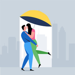Romantic couple concept. Man and woman kissing under an umbrella. Romantic date cartoon banner. Flat Vector Illustration