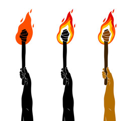 Torch in a hand raised up vector illustration, Prometheus, flames of fire, bring the light to the dark, conceptual allegory art.