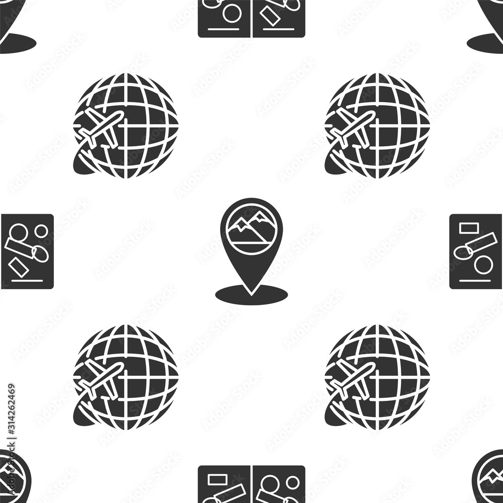 Poster set passport pages with visa stamps, map pointer with mountain and globe with flying plane on seamle