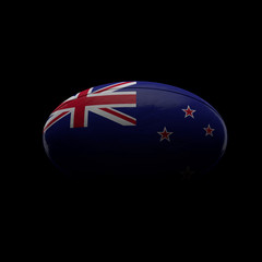 New Zealand flag rugby ball against black background. 3D Rendering