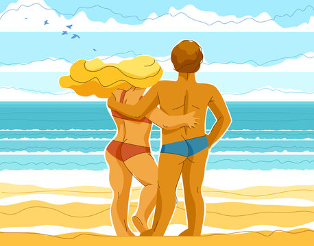 Couple in love standing on seashore beach and watching the sea vector illustrations, husband and wife, honeymoon lovers summer vacations, rest relax seaside tranquil calm.