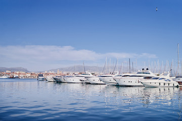 Marina harbour with beautiful white yachts in Split, Croatia.
