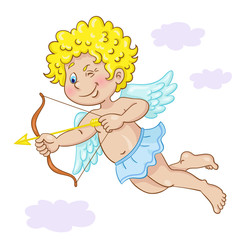 Funny Cupid flies and shoots from a bow. In cartoon style. Isolated on white background. Vector illustration for Valentines day.