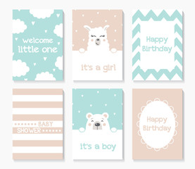 A set of cute baby shower cards. Bear and Lama. Happy Birthday. Congratulatory posters. Vector illustration. Pink, mint, stripes, zigzags.