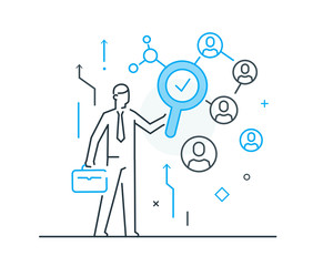 Businessman with magnifier looking for customers. Line icon illustration. Success, rates