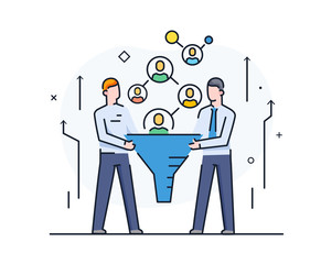 Businessmen looking for suitable customers, filter partners. Cooperation interaction. Success, Cooperation. line icon illustration