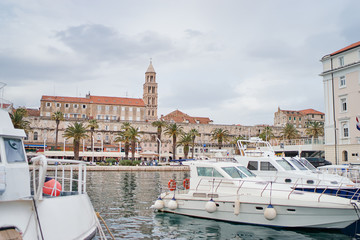 Travel by Croatia. Beautiful landscape with Split Old Town and sea promenade.