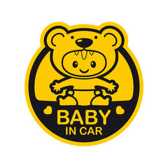 Vector yellow circle sign with baby in teddy bear costume and text - Baby in car. Isolated white background.