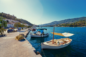 Fototapeta na wymiar Harbor with leisure and fishing boats at anchor, Paros Island, Greece.