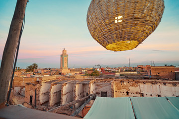 View of Marrakesh Old Town from the roof top terrace. Marrakech Medina, Morocco, Africa.