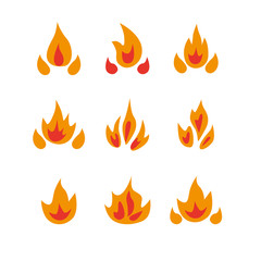 Fire flames, set vector icons isolated on white background
