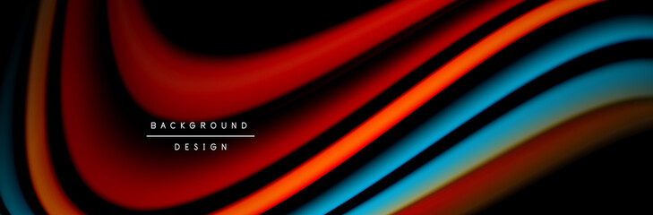 Сolorful flow poster. Wave liquid lines and shapes in black color background. Vector Illustration