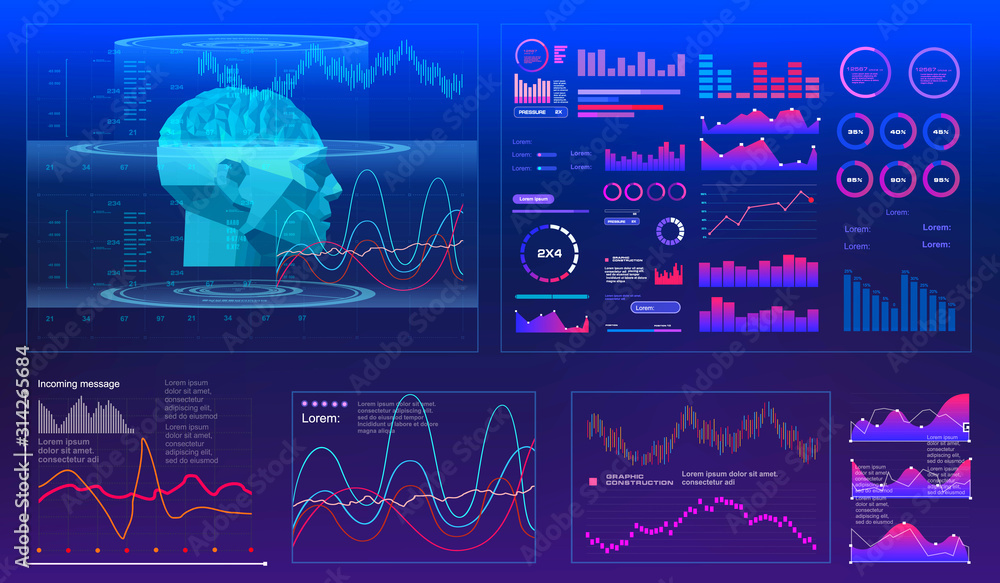 Poster polygonal face detection brain. biometric identification and recognition system of person. concept o