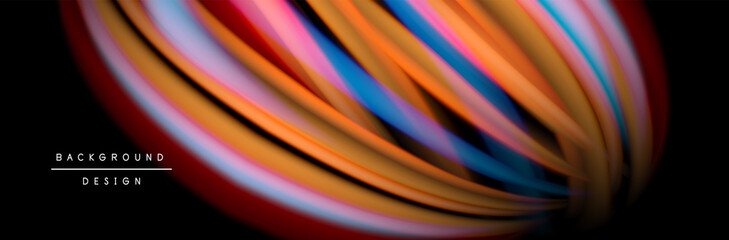 Сolorful flow poster. Wave liquid lines and shapes in black color background. Vector Illustration