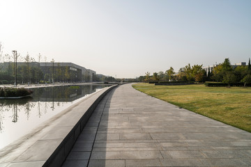 Modern business office area at sunrise