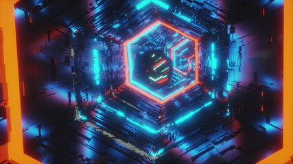 abstract background motion video of a specular gem moving in the center of hexagon tunnel of bright blue and red neon lights. 3d rendering animation in 4K.