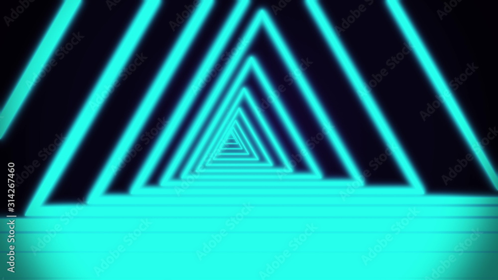 Aufkleber motion in neon triangle tunnel consisting of vivid azure color lines on black background, 3d renderi