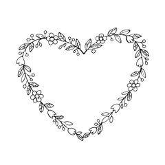 Hand drawn wreath in a heart shape with flowers. Floral sketch borders, heart frame
