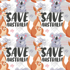 Seamless vector pattern Save Australia with Koala Bears and Kangaroo