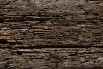 Fototapeta premium A very old shabby and battered wooden background with deep cuts from a knife and traces of blows from an ax. Damaged tree by insects. A wooden board lying under the sun, snow, rain and wind. 